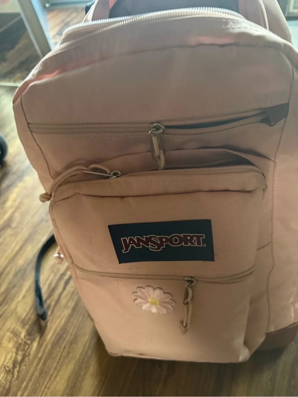 Jansport Blush Pink Daisy Backpack with Brown Base